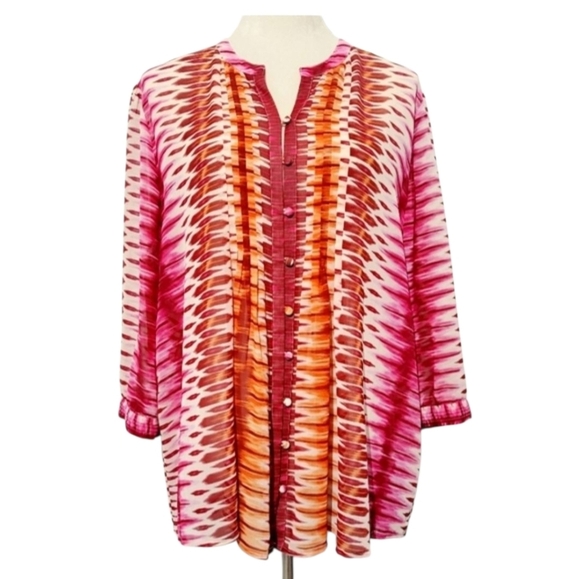Chico’s Size 2 (L) Button Front Blouse Pink Orange Abstract Ikat Print 3/4 Sleev - Picture 1 of 10